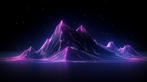 Foto lowpoly immagine scura di alte montagne con illuminazione ultraviolettaai