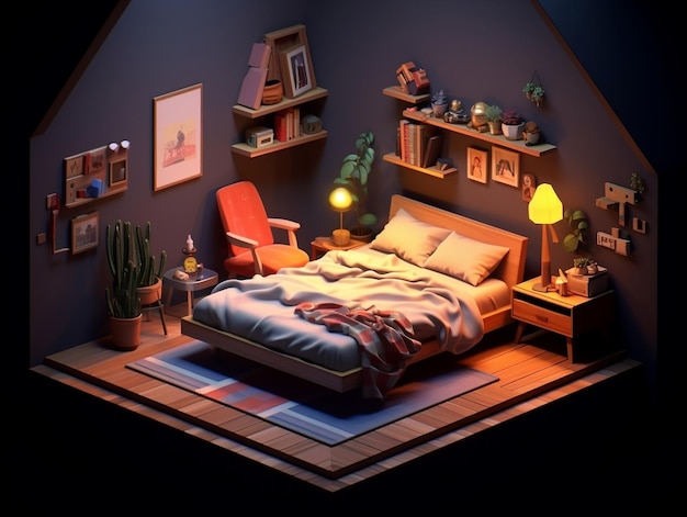 Lowpoly isometrische esthetische slaapkamer kleine 3D-kamer met RGB-verlichting