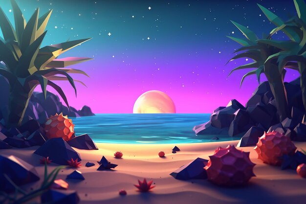 Lowpoly twilight beachscape background