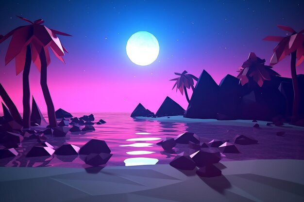 Lowpoly twilight beachscape background