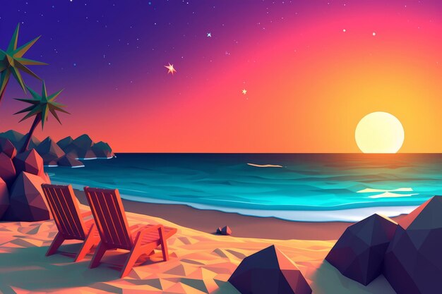 Lowpoly twilight beachscape background