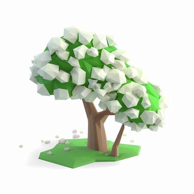 白い背景の上の Lowpoly3d 抽象開花ツリー