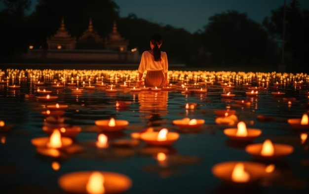 Loy Krathong festival in Thailand met mensen en kaarsen bij de rivier AI Generative