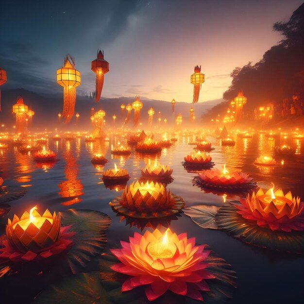 Foto loy krathong festival in thailand met waterlelie kaarslicht