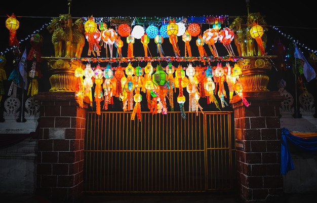 Loy krathong festival lanterns in Thailand public place at the night time.