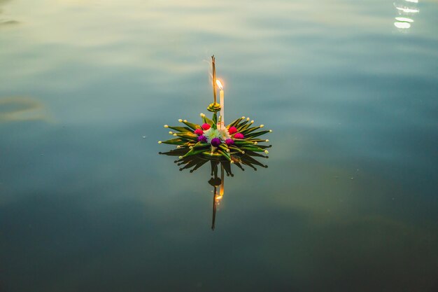 로이 끄라통 축제 태국의 로이 끄라통 축제를 축하하기 위해 사람들은 꽃과 양초를 구입하여 불을 붙이고 물 위에 떠 있습니다.