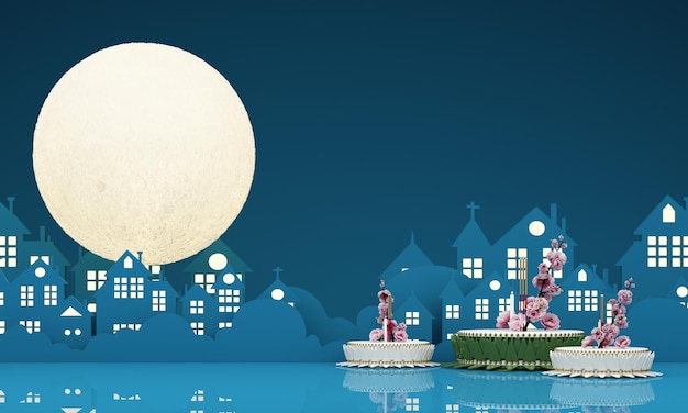 loy krathong festival thailand banana leaf material and pink lotus design with full moon on thailand temple and house at night river purple and blue background 3d rendering illustration