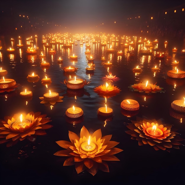 Foto festa di loy krathong in thailandia con la luce delle candele di gigli d'acqua