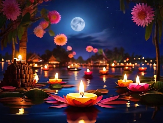 Loy Krathong festival with colorful candles light