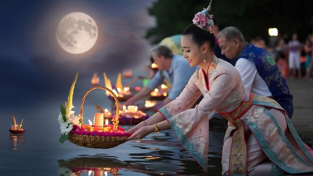 Loy krathong festival woman in thai traditional outfit holding decorated buoyant