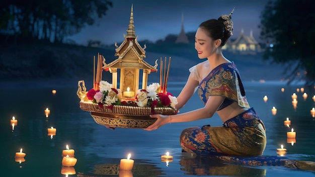 Loy krathong festival woman in thai traditional outfit holding decorated buoyant