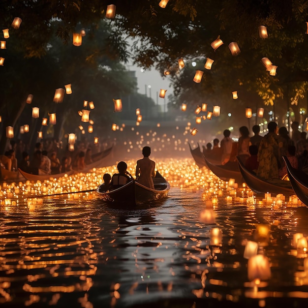 Foto loy krathong in thailand lager en wierook langs de rivier verlichting