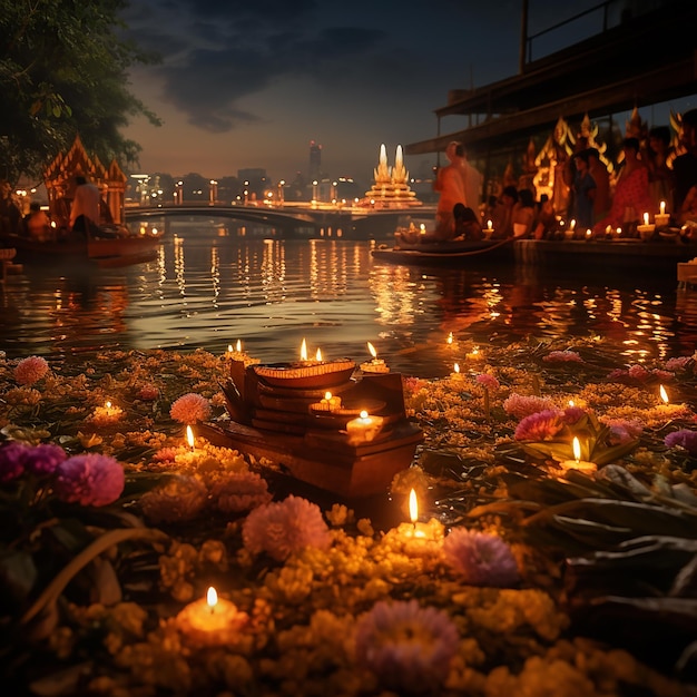 Loy krathong in thailand lower and incense along the river lighting