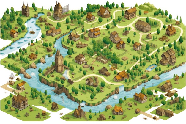 loy poly map building isometric game design elements ancient futuristic objects houses landscapes