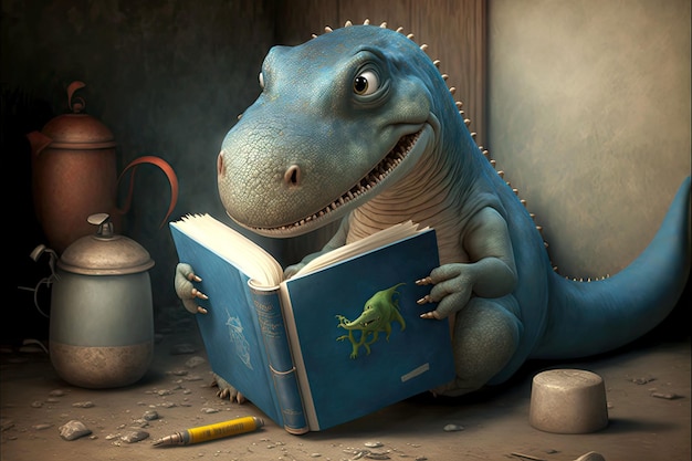 Loyal dinosaur cute monster reads books in strange place generative ai