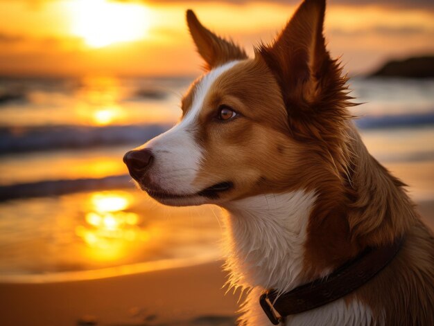 Loyal dog gazing at the sunset on a sandy beach