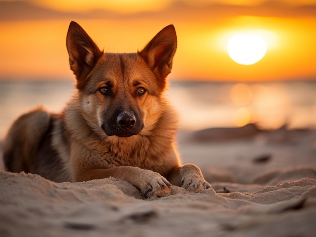 忠実な犬が砂浜で夕暮れを見つめている