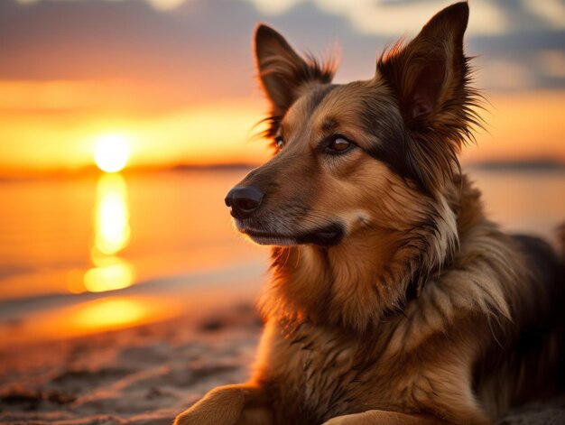 忠実な犬が砂浜で夕暮れを見つめている