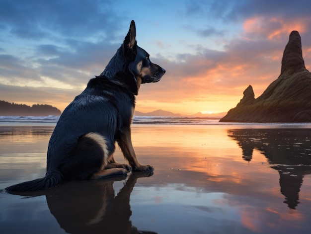 忠実な犬が砂浜で夕暮れを見つめている