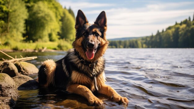 A loyal German Shepherd sitting by a lake with a brown leash