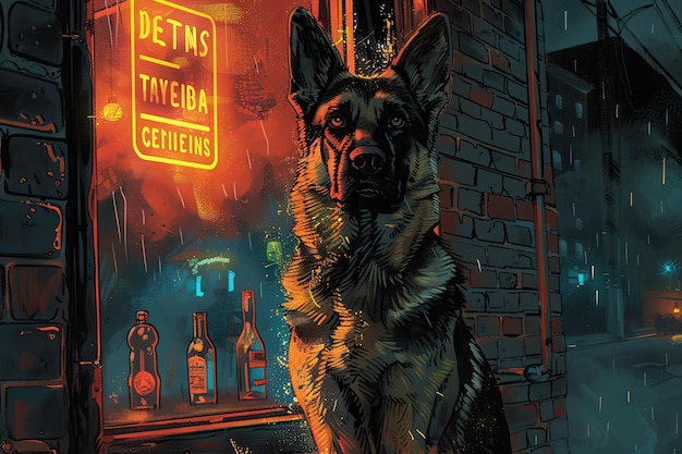 충성스러운 독일 셰퍼드 (German Shepherd) 는 은 다이빙 바 (dive bar) 밖에서 경비를 하고 있으며, 주인이 그림자에서 나타나기를 기다리는 동안 귀가 하고 감각이 경각심을 가지고 있습니다.