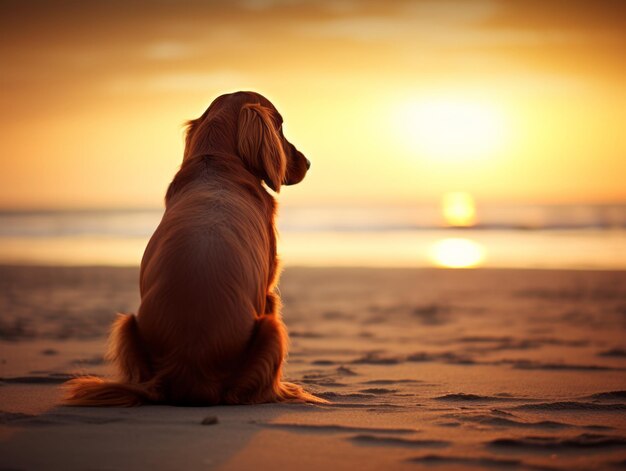 Foto loyal hond staren naar de zonsondergang op een zandstrand