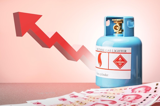 LPG gas cylinder price hike in China gas cylinder yuan banknotes up arrow gas price increasing