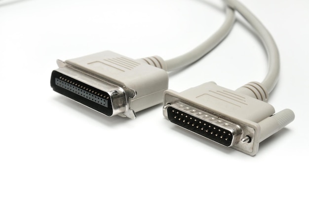 LPT parallel port cable and plug on white background