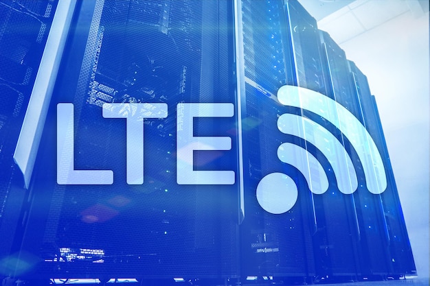 LTE Wireless Business Internet en Virtual Reality Concept informatiecommunicatietechnologie op een serverachtergrond