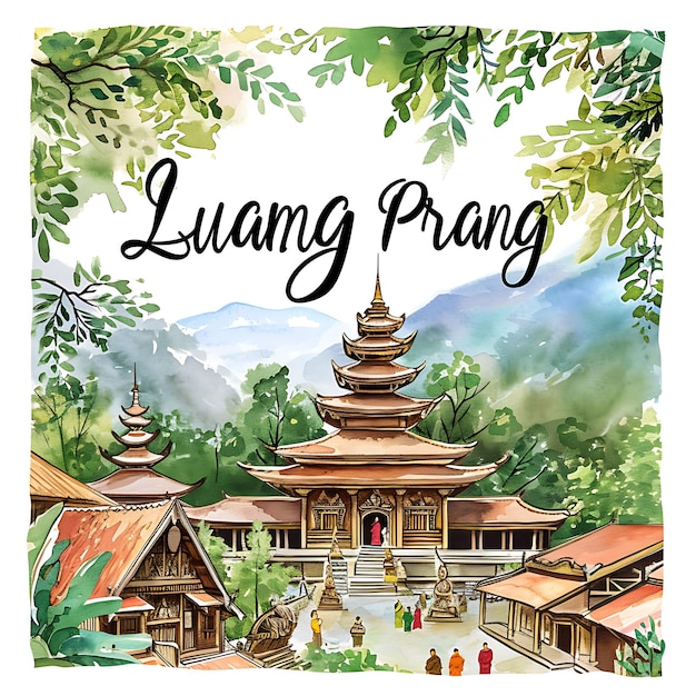 Luang Prabang-tekst met sierlijke en vloeiende typografie Desi aquarel Lanscape Arts Collection