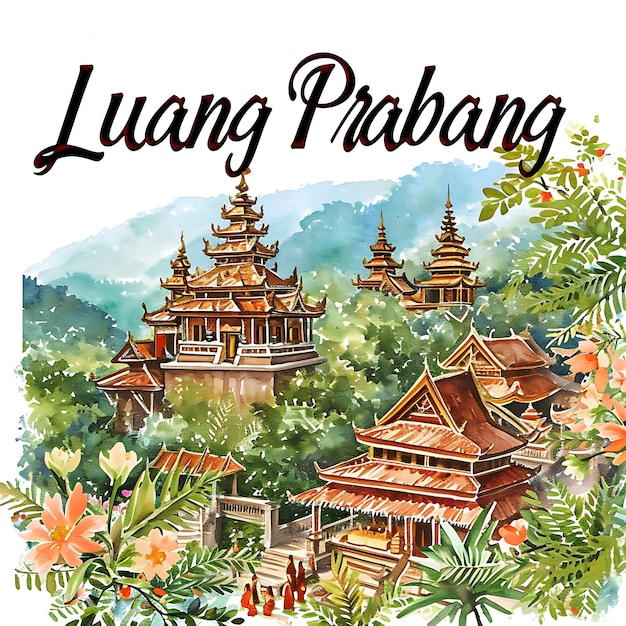 Luang Prabang-tekst met sierlijke en vloeiende typografie Desi aquarel Lanscape Arts Collection