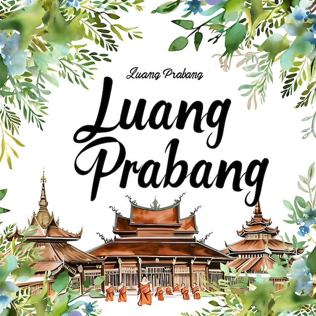 Луангпрабангский текст с изящной и плавной типографикой Коллекция акварельных пейзажных искусств Дези