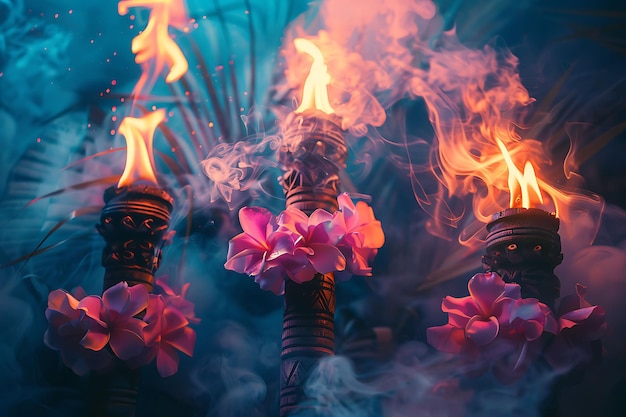 Luau rook met tropische rook en roze kleur rook Tiki Tor gloeiende textuur Y2K Collage Light Art