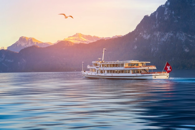 Lucerne Boat Tour on river with swiss mountain