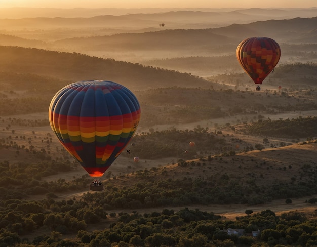 luchtballonnen vliegen in de lucht bij zonsondergang