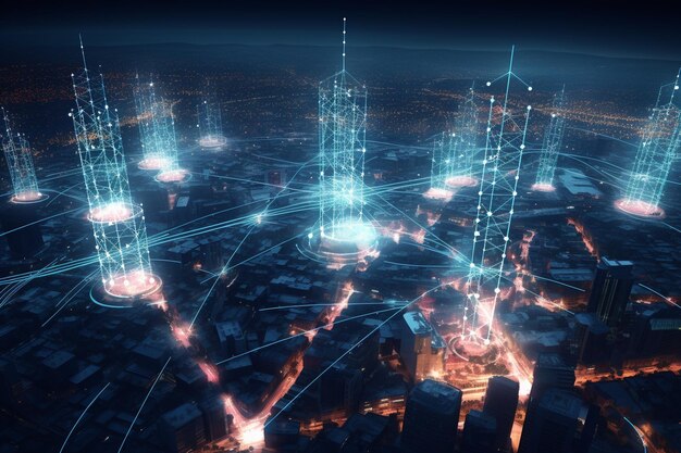 Luchtbeeld van 5G-signalen die door de stad pulseren g 00016 00