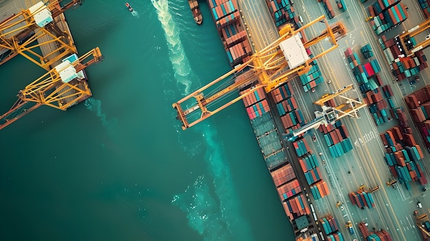 Luchtbeeld van containers en schepen in een maritiem landschap