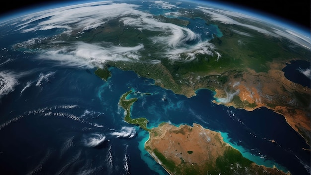 Luchtbeeld van de aarde met continenten en wolken