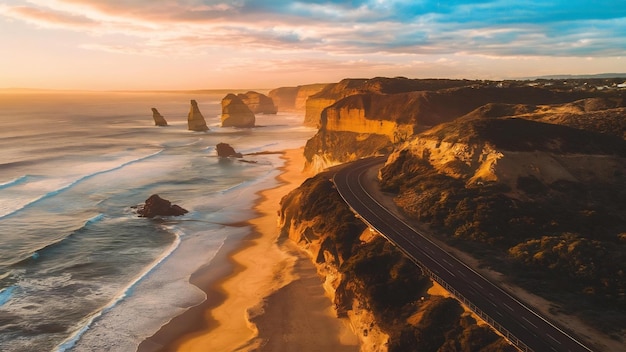 Luchtbeeld van de Great Ocean Road bij zonsondergang Victoria Australië