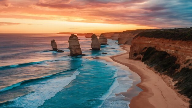 Luchtbeeld van de Great Ocean Road bij zonsondergang Victoria Australië