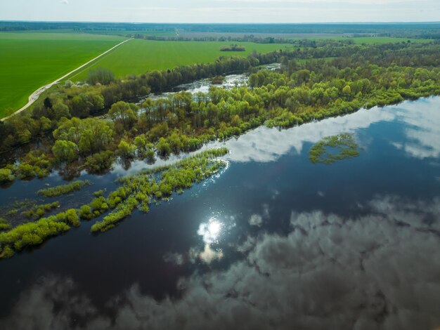 Luchtbeeld van de kronkelende rivier en de bloeiende velden De rivier stroomt langs landbouwvelden en bossen Een drone vliegt over velden bossen en rivieren Natuurlijk landschap