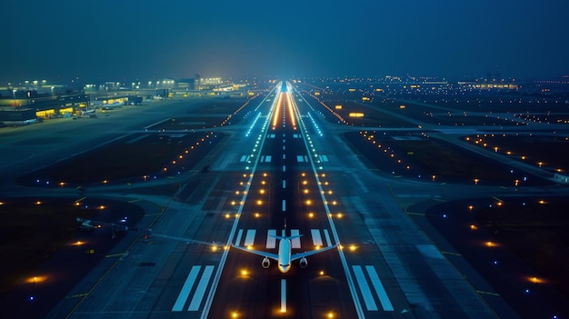 Luchtbeeld van de luchthaven's nachts