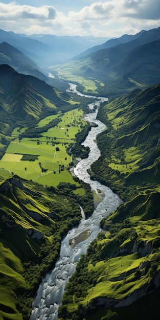 Luchtbeeld van de Majestic Mountain River Terragen stijl fotografie