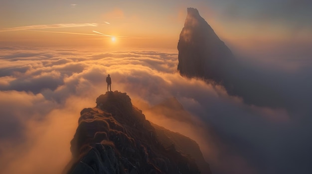 Luchtbeeld van de mens op de bergtop bij zonsopgang Om het gevoel van ontzag en eenzaamheid te overbrengen dat men ervaart