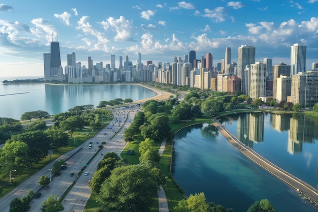 Luchtbeeld van de skyline van Chicago en het meer van Michigan