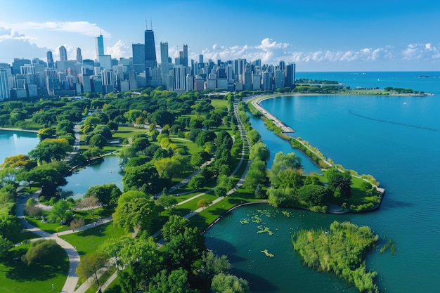 Luchtbeeld van de skyline van Chicago en het meer van Michigan