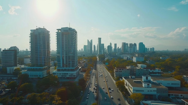 Luchtbeeld van de skyline van de futuristische stad