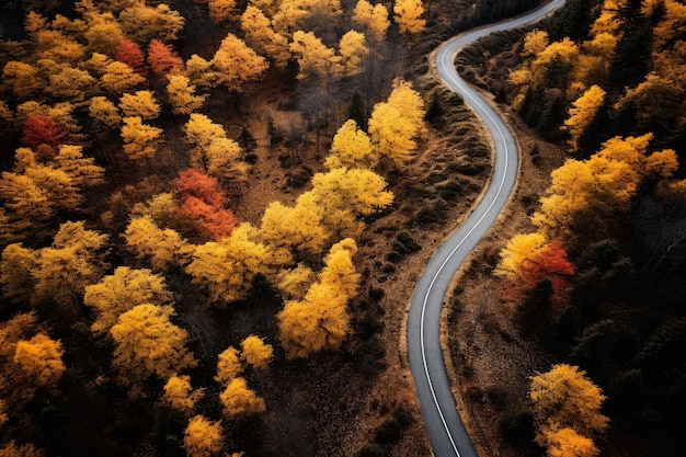 Luchtbeeld van een afgelegen herfstbosweg