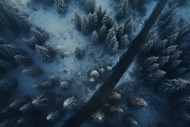 Luchtbeeld van een afgelegen winterbosweg