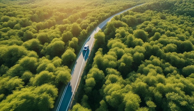 Luchtbeeld van een auto die op de weg door groene bomen en struiken rijdt tijdens een zonnige dag